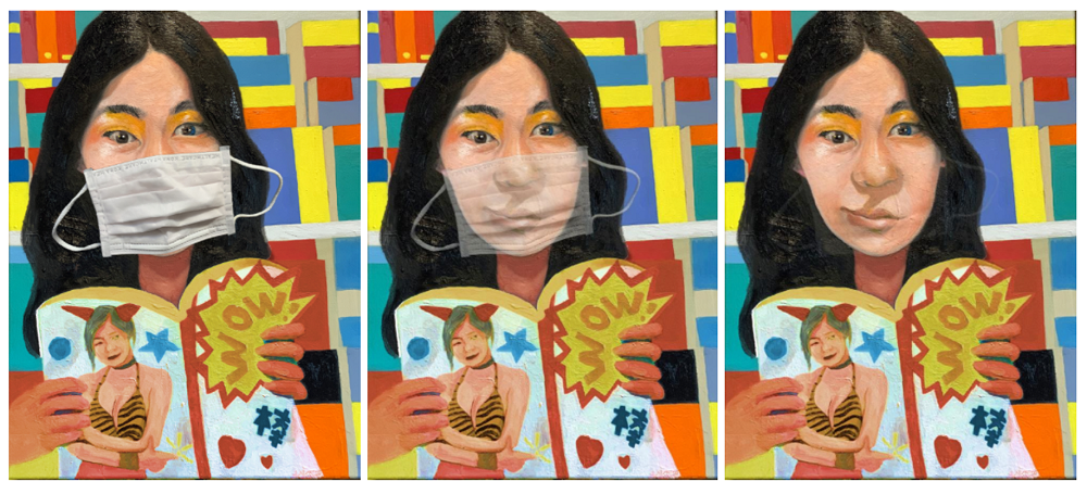 Three images of the same painting of a woman reading a magazine She's wearing a surgical mask that gets fainter in the second and third images.