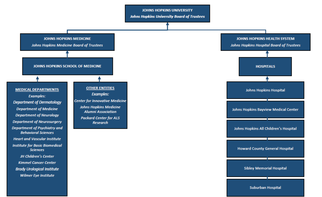 A Johns Hopkins Medicine organization chart with white text in dark blue rectangles against a white background