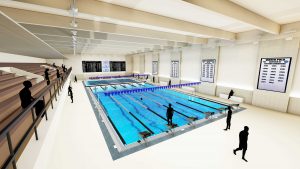 The Newton White Athletic Center – Natatorium rendering is an image of a six lane pool. To the left of the pool is the stands and to the right are swimming and water polo banners.